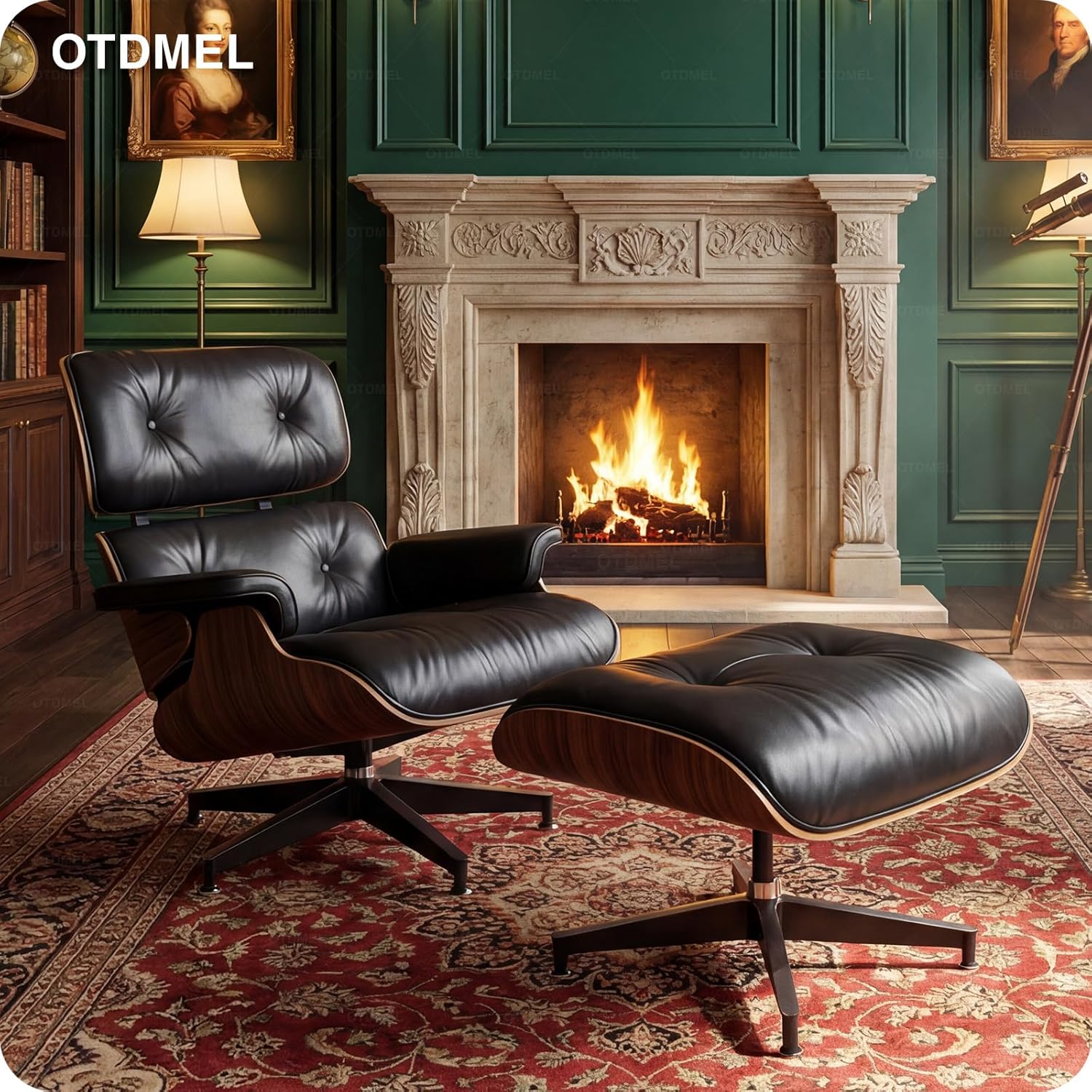 Luxury Top Black Grain Leather Mid Century Chaise Lounge Chair with Ottoman, Premium Handcrafted Walnut Wood, Ergonomic Modern Accent Chair for Living Room Office