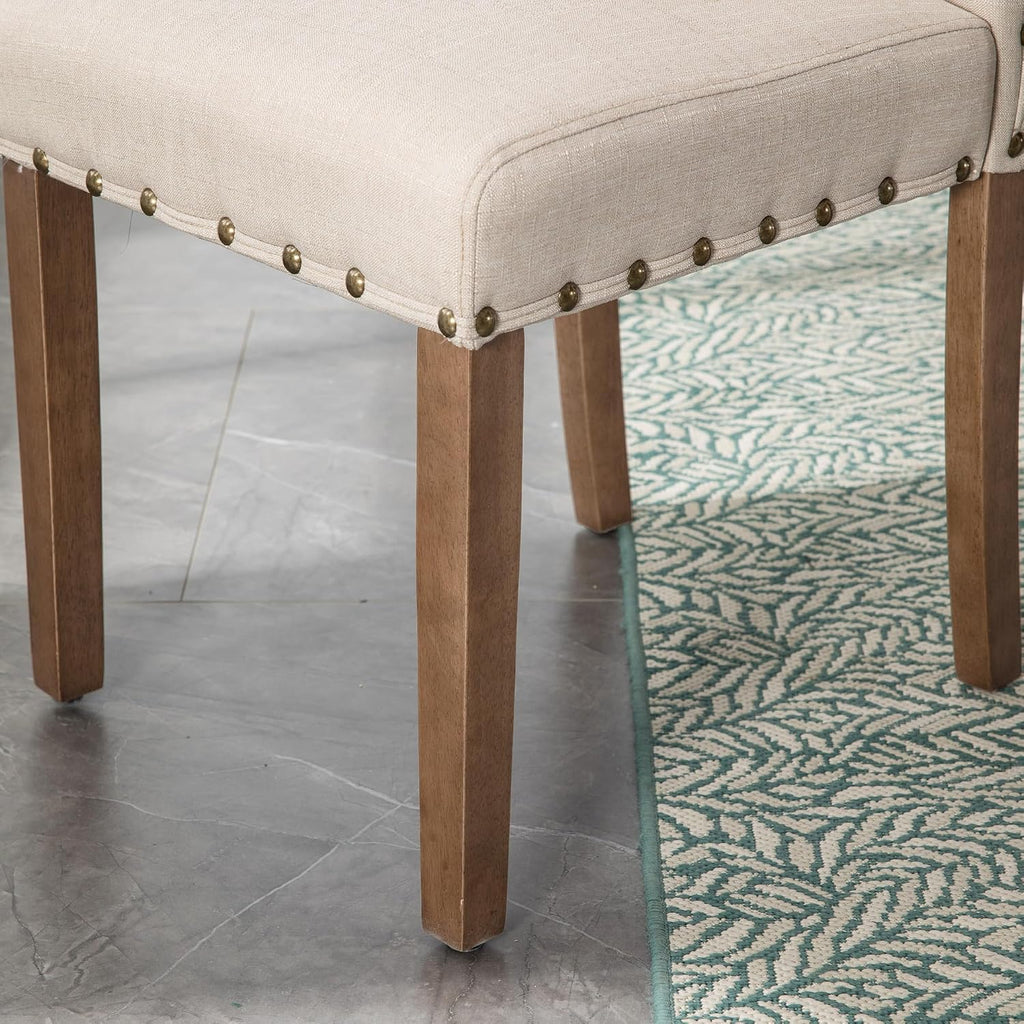 Upholstered Dining Chair Modern Stylish Parsons Kitchen Diner High Back with Bronze Nailhead Trim & Wood Legs, Set of 2, Beige
