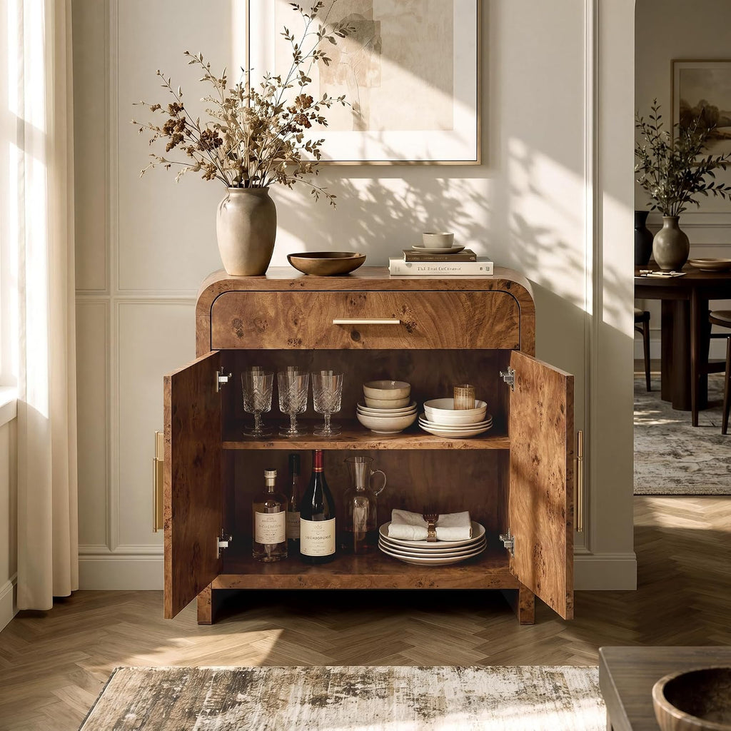 31" Modern Buffet Cabinet with Storage, Curved 2-Door Sideboard with Adjustable Shelves, Accent Storage Cabinet for Kitchen, Credenzas Coffee Buffet Sideboard, Dark Burl