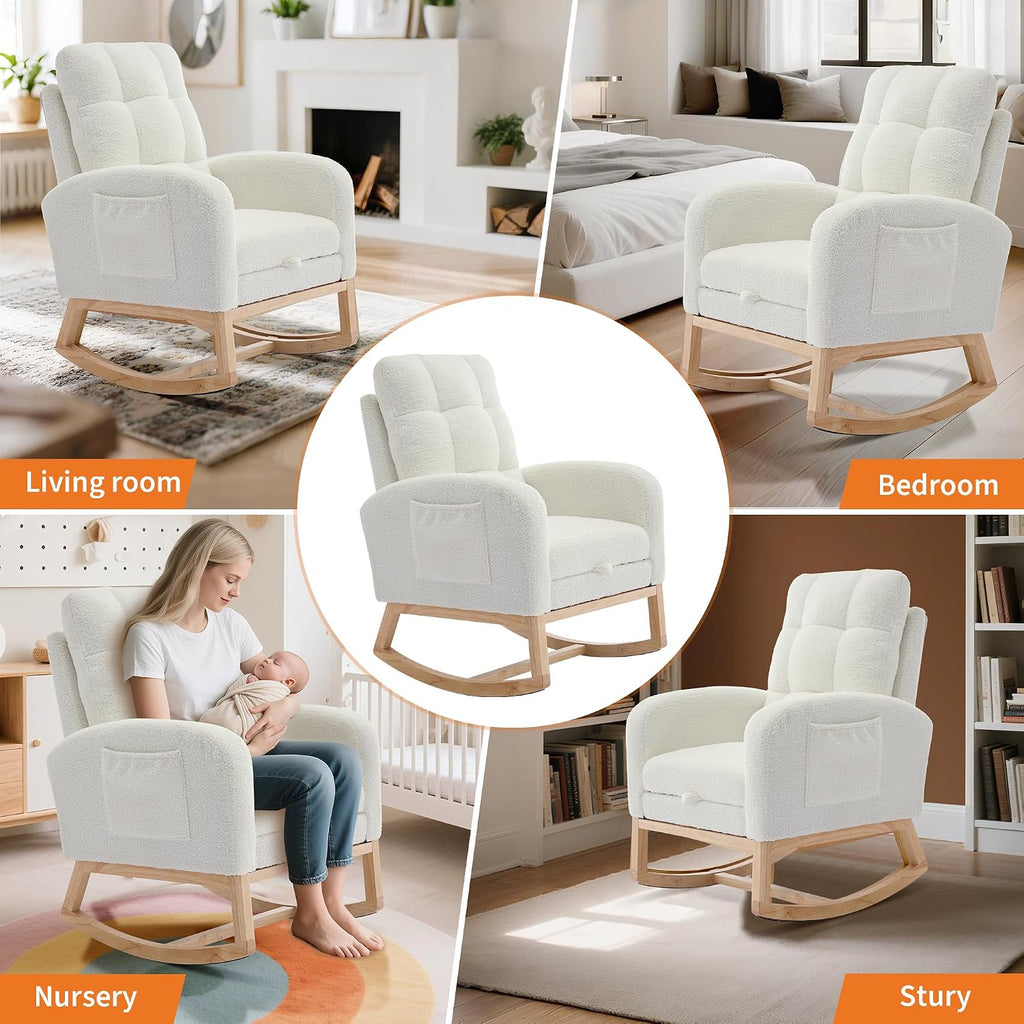IDEALHOUSE Nursery Rocking Recliner Chair with Footrest, Teddy Upholstered Mid-Century Glider Rocker with High Back, Side Pocket & Sturdy Wood Legs for Living Room, Bedroom, Nursing Room, Teddy Beige