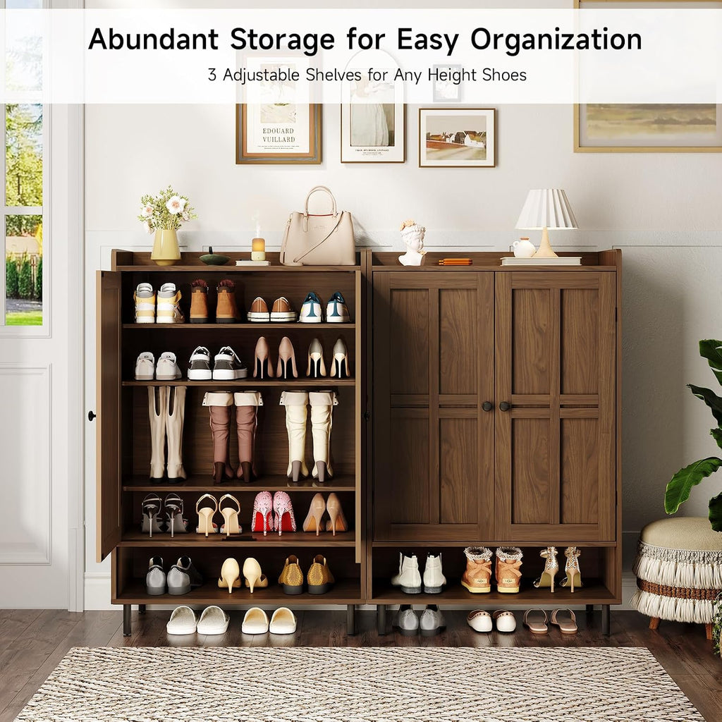 ONBRILL Shoe Cabinet with Cross Molding Doors, 6-Tier Shoe Storage Cabinet with 3 Adjustable Shelves and Metal Legs, 45'' Tall Shoes Rack Organizer Cabinet for Entryway, Front Door, Walnut