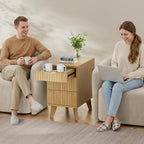 Kalrin Charging Nightstand with Hidden Outlets & 3 Drawers, Modern End Table, Bedside Table with USB Ports, Wave Groove Design, Compact Size, Heavy Duty Engineered Wood, Natural Wood Color