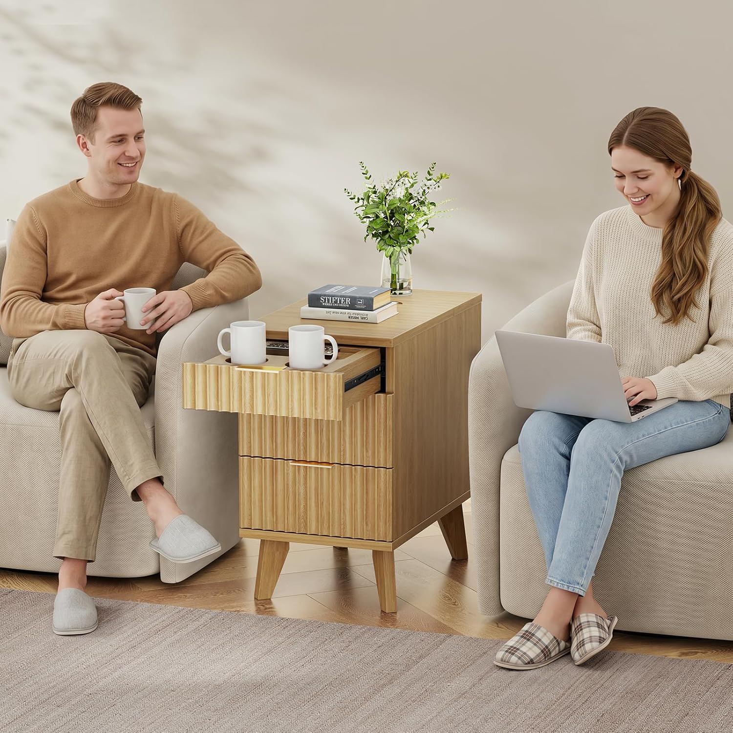 Kalrin Charging Nightstand with Hidden Outlets & 3 Drawers, Modern End Table, Bedside Table with USB Ports, Wave Groove Design, Compact Size, Heavy Duty Engineered Wood, Natural Wood Color