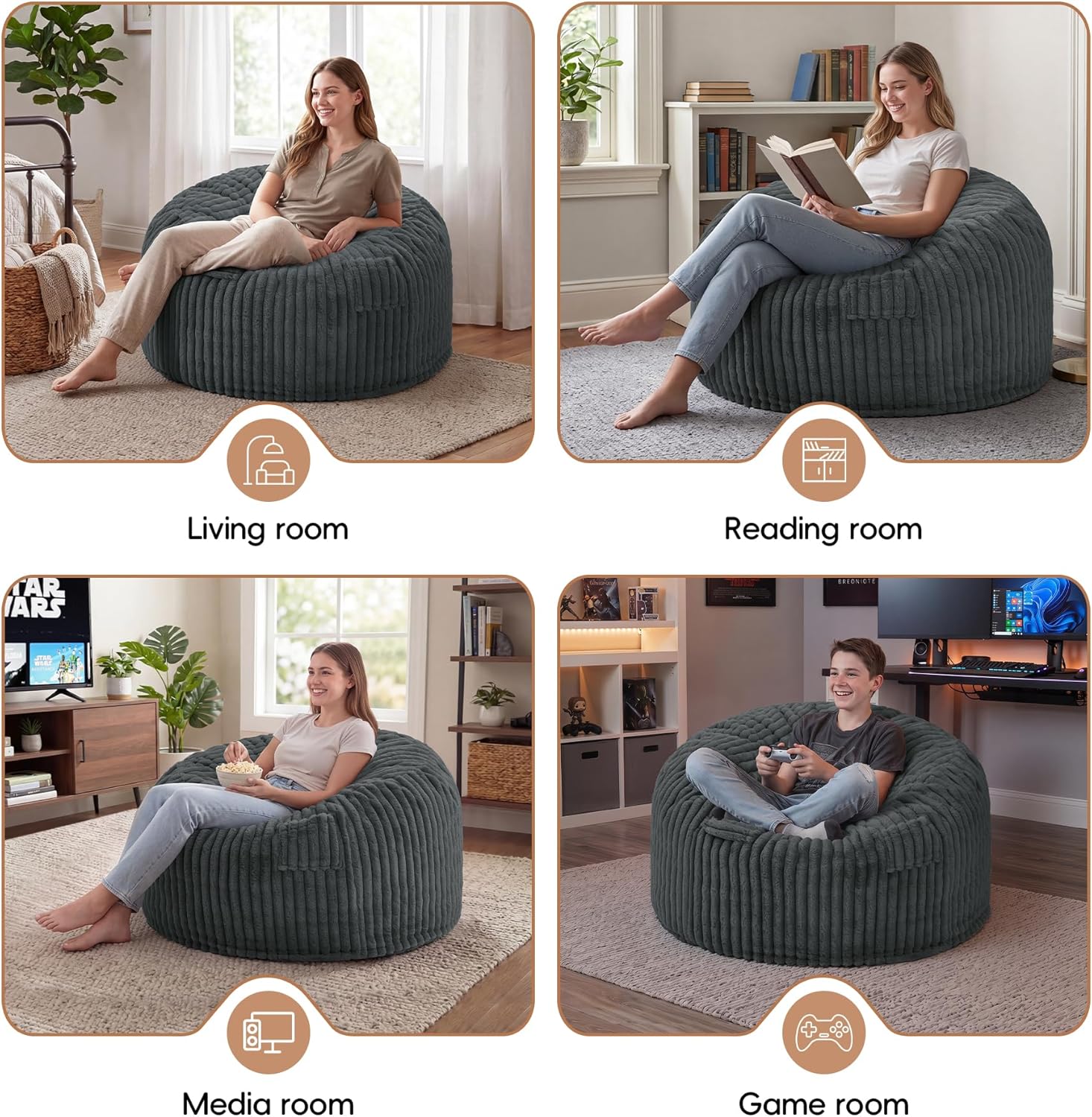 fond + found 3FT Bean Bag Chair Bean Bag Chairs for Adults with Memory Foam Removable Cover Stripe Plush, Adult Bean Bag Chairs for Living Room Bedroom Gaming Dorm Office-Dark Grey(36” x 36” x 22”)