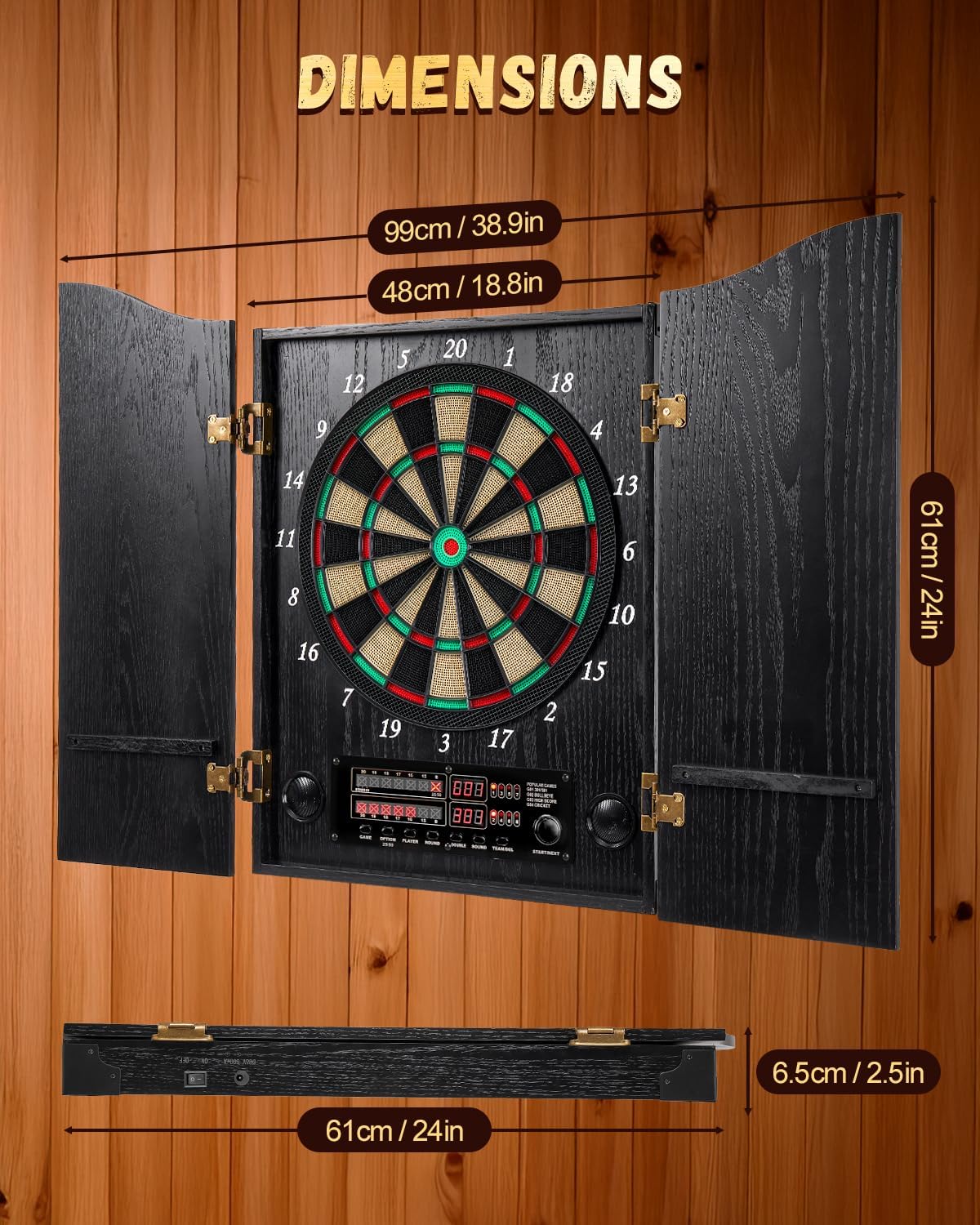 Electronic Dart Board, Decorative Dart Board Cabinet Set for Adults [12*Bronze Soft Tip Darts] [Cricket Game Mode]- Wooden Electric Dartboard Cabinet