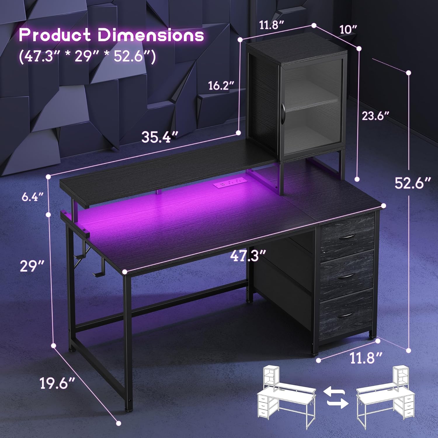 DurayLoly 47" Gaming Desk with Hutch and Cabinet to Display, Gaming Table with 3 Drawers for Small Space Storage, 2 AC Power Outlets and RGB Light, Monitor Stand for Student Bedroom