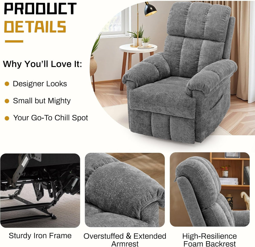 Korser Recliner Chair, Living Room Recliner Chairs for Adults, Small Recliners for Small Spaces, Upholstered Manual Recliner with Side Pockets, Modern Nursery Chair for Living Room, Chenille, Grey