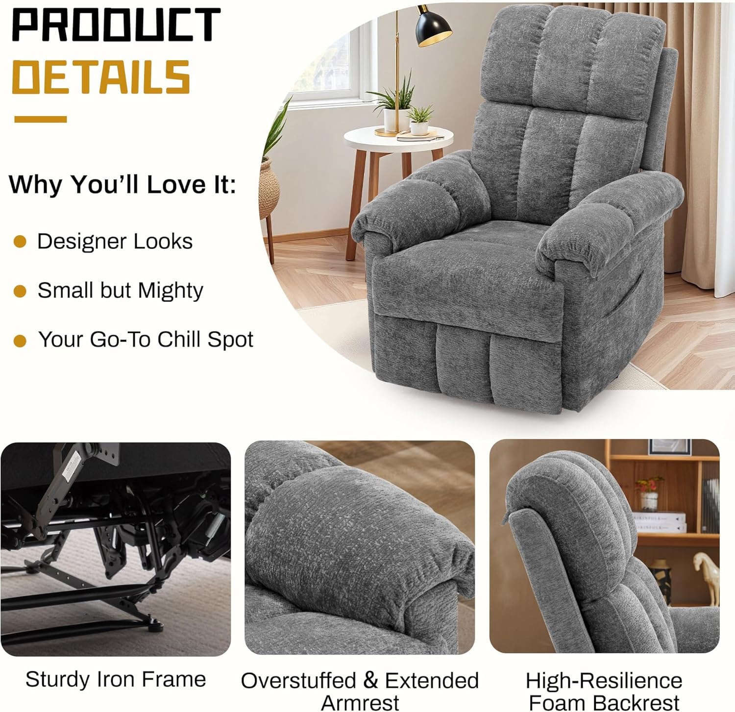 Korser Recliner Chair, Living Room Recliner Chairs for Adults, Small Recliners for Small Spaces, Upholstered Manual Recliner with Side Pockets, Modern Nursery Chair for Living Room, Chenille, Grey