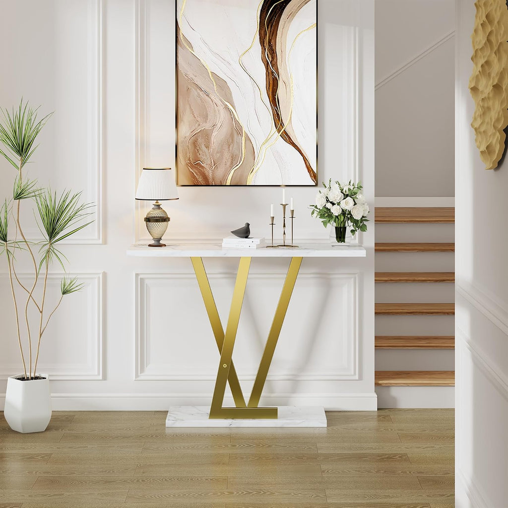 43.3" Gold Console Table, Modern Entryway Table with White Faux Marble Top & Metal Base, Narrow Sofa Table for Living Room, Hallway, Foyer