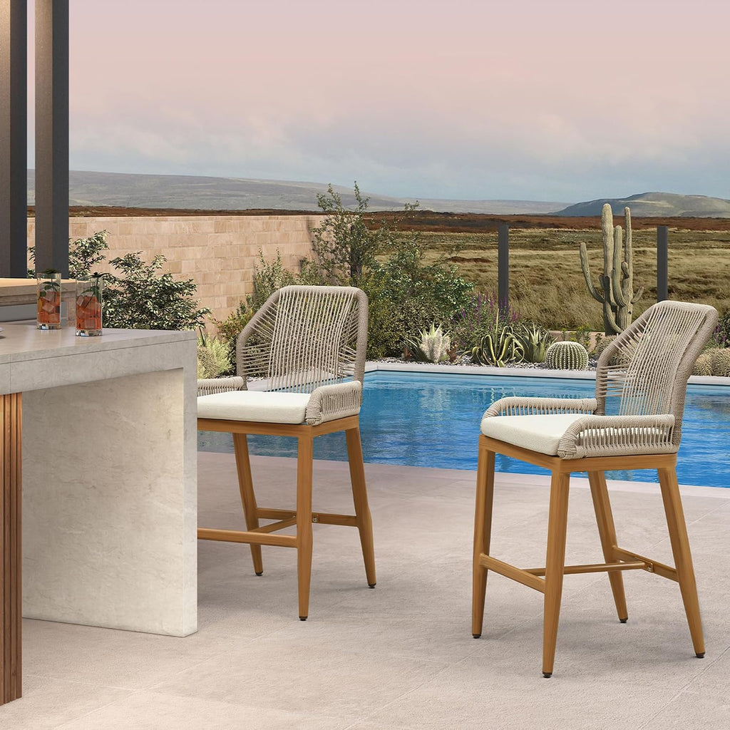 PURPLE LEAF Patio Bar Stool Counter Height Stools Set of 2 Outdoor Rattan Chairs with Back Modern Aluminum Woven Barstools for Garden Patio Kitchen Indoor Teak