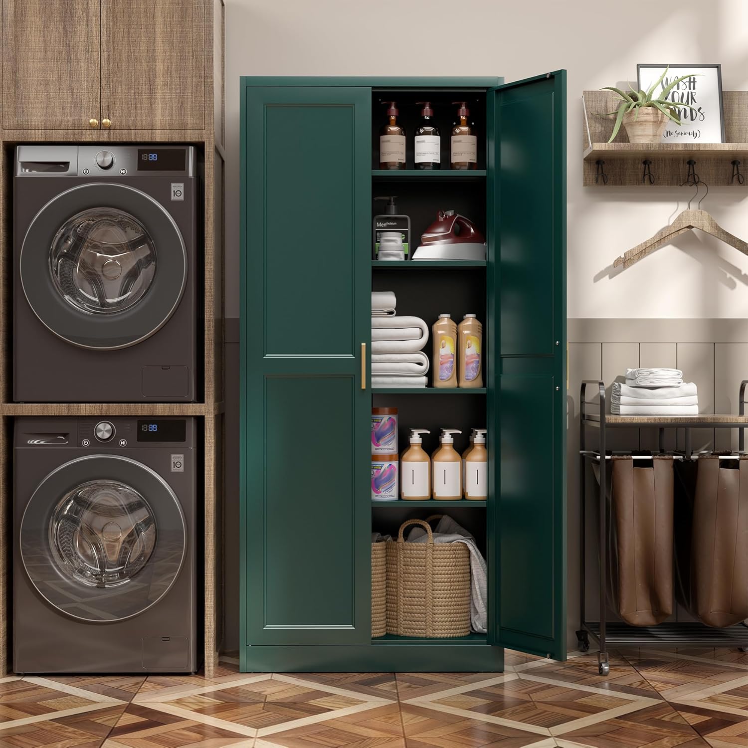 SteeLoong Kitchen Pantry Cabinet,71”Green Metal Pantry Storage Cabinets with Doors and 4 Adjustable Shelves,Kitchen Cabinet with 2 Gold Handles,Tall Cabinet for Livingroom, Bathroom