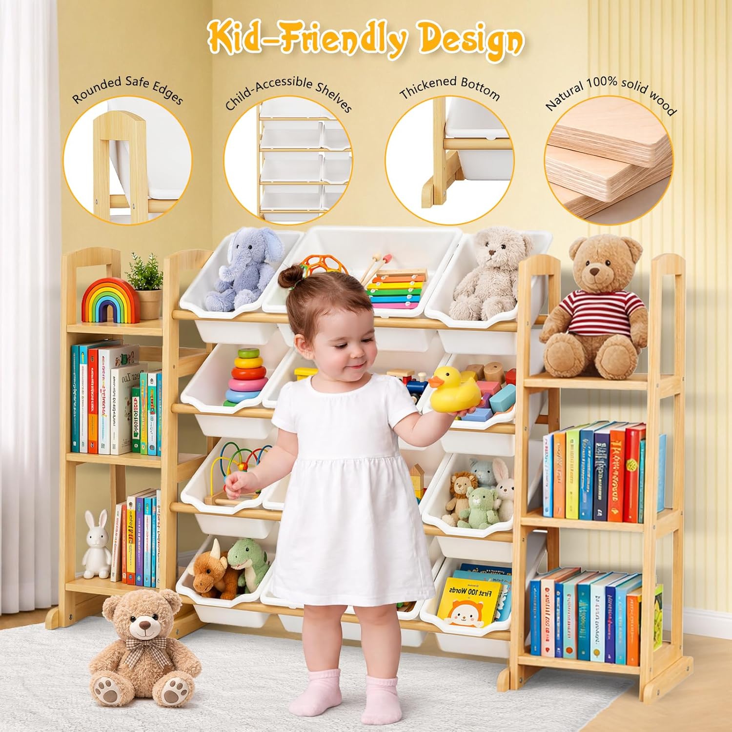 Toy Storage Organizer with Bookshelf – Wooden Toy Organizer with 12 Toy Bins & 6 Tier Bookcase,Quick Assembly Kids Bookshelf,Toy Bin for Playroom, Bedroom, Nursery– White