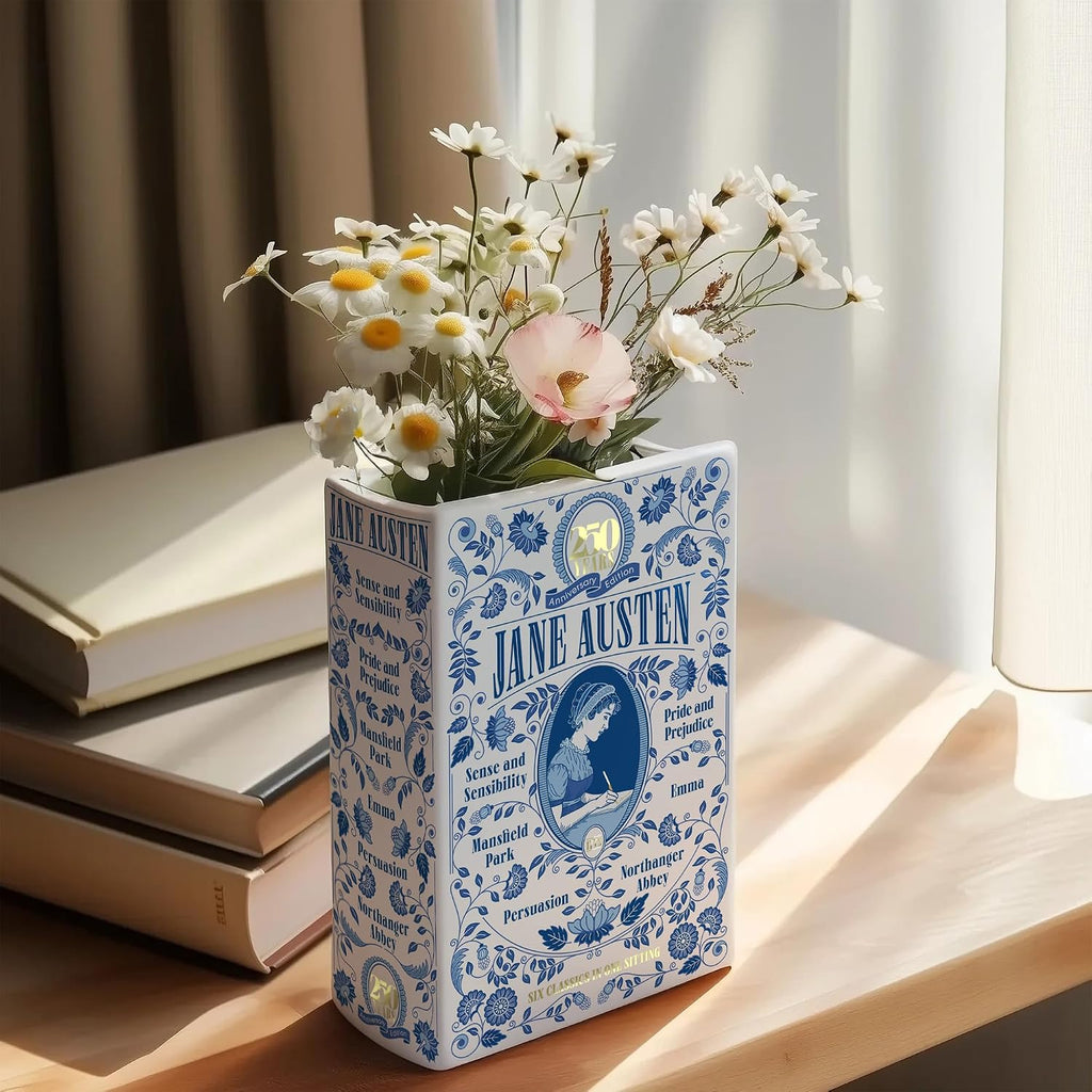 H&H + 6 in 1 + Jane Austen Book Vase for Flowers + Bookmark + Emma, Mansfield Park, Sense and Sensibility, Northanger Abby, Persuasion, Pride and Prejudice Merch + 2025 Jane Austen Anniversary Edition