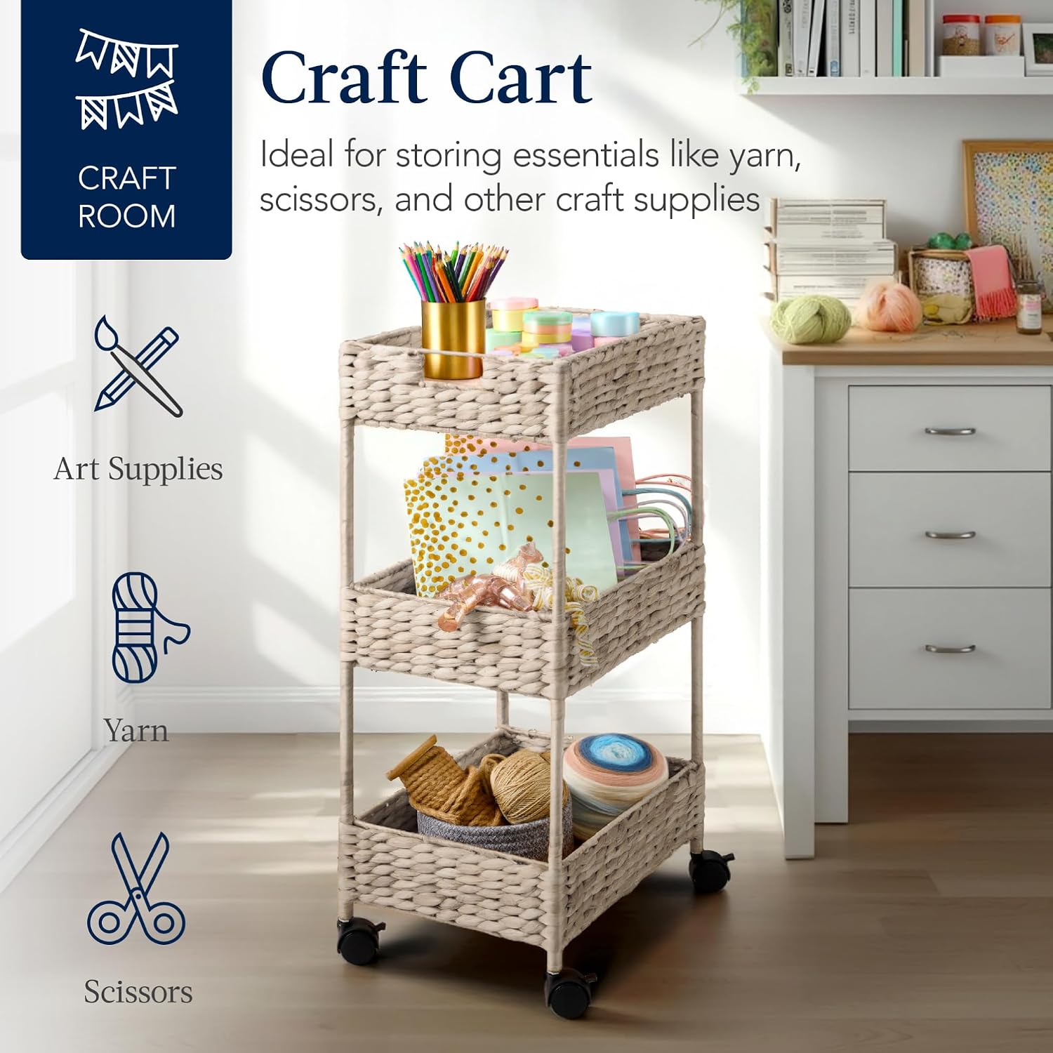 Best Choice Products 3-Tier Water Hyacinth Rolling Nursery Caddy w/Wheels, Utility Cart, Storage Organization for Bathroom, Craft Room, Laundry Room - Whitewash