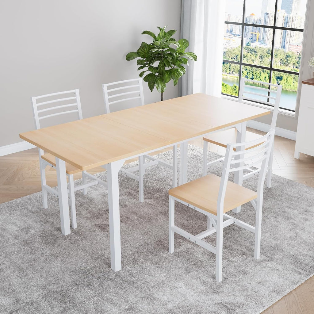 VOWNER 63” Extendable Dining Table Set for 4-6 People, 5-Piece Dining Table Set for 4 People with 4 Chairs, Kitchen Table Set with MDF Board and Metal Frame, for Small Space, Apartment, Nature Wood
