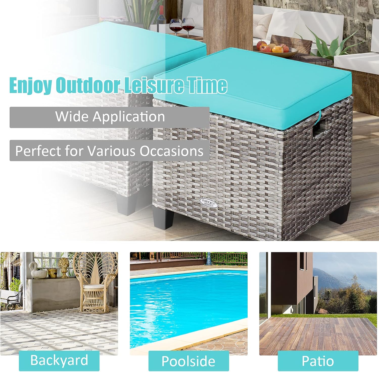 COSTWAY Set of 2 Wicker Ottomans, Outdoor 3-in-1 All Weather Rattan Foot Rest, Side Table, Additional Seating with Removable Seat Cushions and Steel Frame for Patio, Deck, Backyard, Porch (Turquoise)