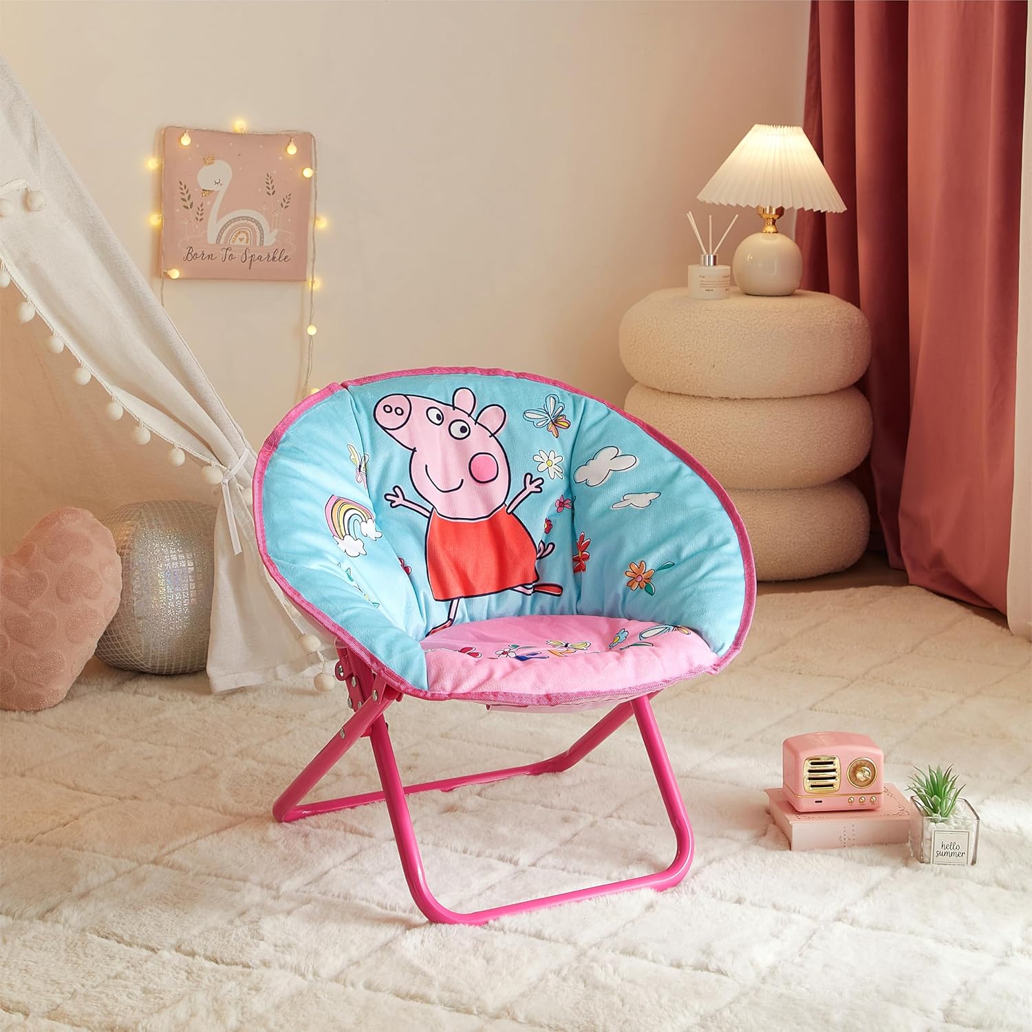Idea Nuova 19” Folding Saucer Chair for Bedroom, Playroom, or TV Room, Toddler Chair with Foldable Metal Frame, Portable & Comfortable,Ages 3+,Peppa Pig