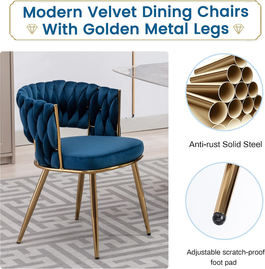 KCC Modern Velvet Dining Chairs Set of 4, Back and Golden Metal Legs, Mid-Century Accent Side Chair for Living Room, Dining Room, Kitchen, Blue