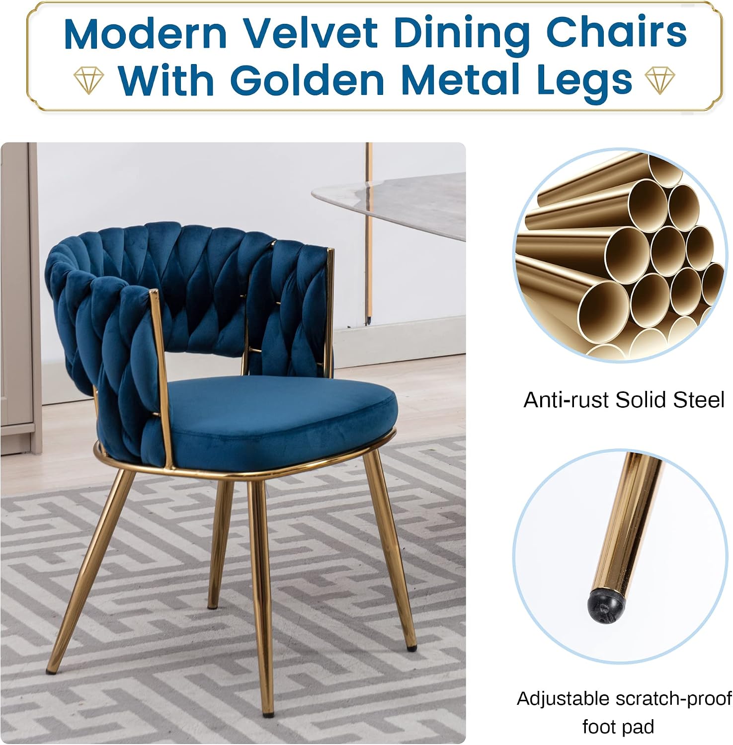 KCC Modern Velvet Dining Chairs Set of 4, Back and Golden Metal Legs, Mid-Century Accent Side Chair for Living Room, Dining Room, Kitchen, Blue