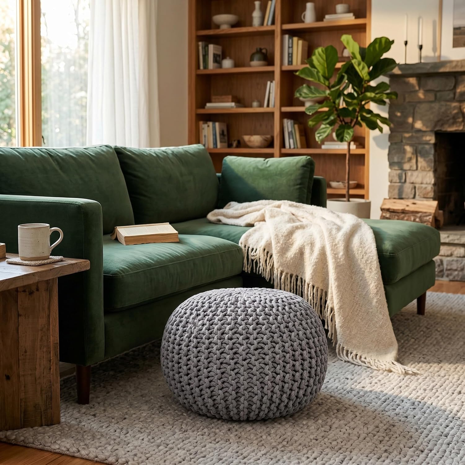 BIRDROCK HOME Round Pouf Ottoman Foot Rest - 18.5”x18.5”x15” Boho Compact Comfortable Soft Cotton Braided Foot Stool with Bean Bag Filling for Living Room, Bedroom, or Nursery (Light Gray)