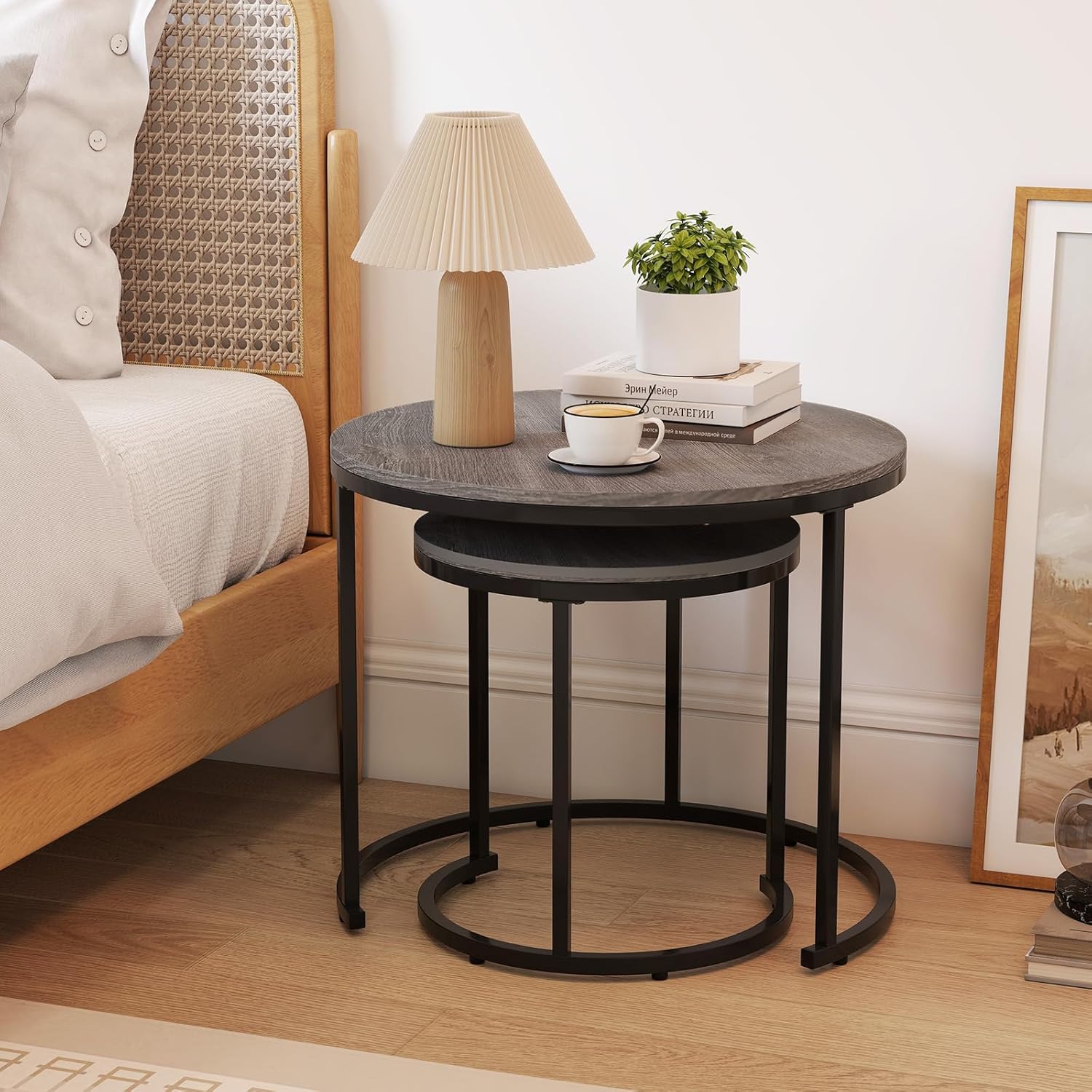 Giantex Nesting Coffee Table Set of 2, Round Stacking Side Tables with Wooden Tabletop & Powder Coated Steel Frame, Space Saving Vintage End Tables for Living Room, Balcony, Office (Grey Oak)