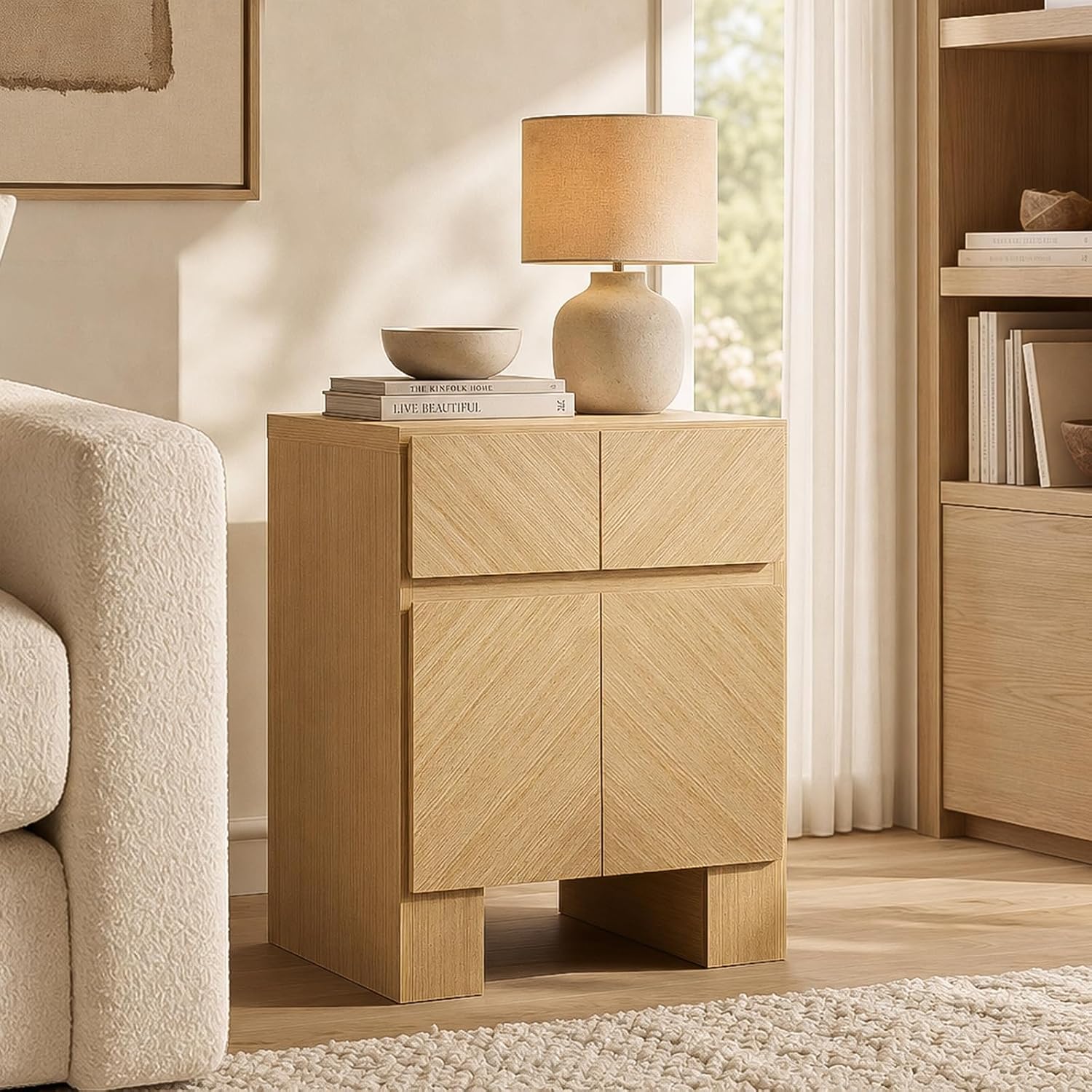 ModernMate 23.5" Tall Modern Nightstand, Wood Bedside Table with Drawer, USB-C Port, Wooden Night Stand End Table for Bedroom, Sofa, Chevron Pattern Design, Stable Legs, Natural Oak