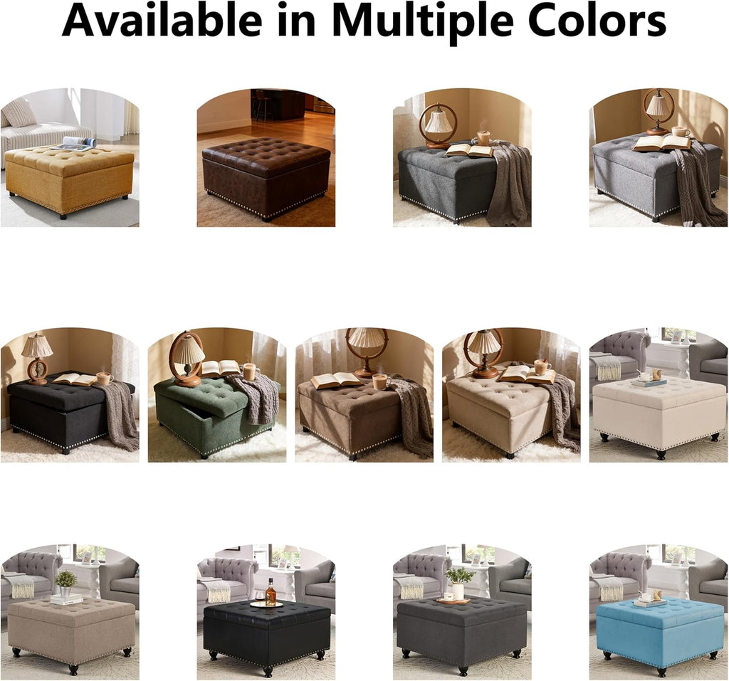 Brown PU Leather Large Square Storage Ottoman with Nailhead Trim for Living Room,30" Vintage Faux Leather Upholstered Ottoman Coffee Table,Tufted Ottomans with Storage and Seating