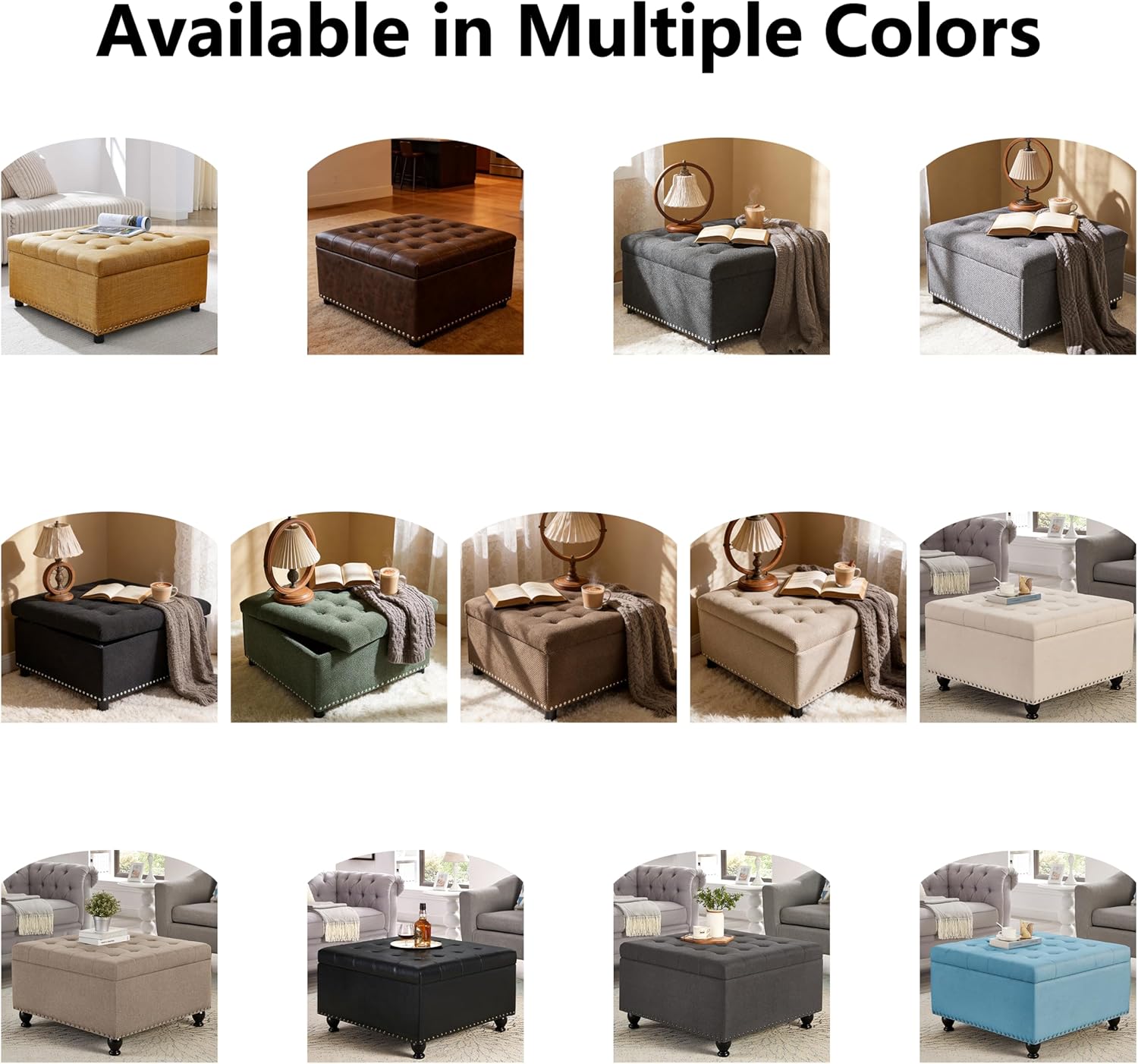 Brown PU Leather Large Square Storage Ottoman with Nailhead Trim for Living Room,30" Vintage Faux Leather Upholstered Ottoman Coffee Table,Tufted Ottomans with Storage and Seating