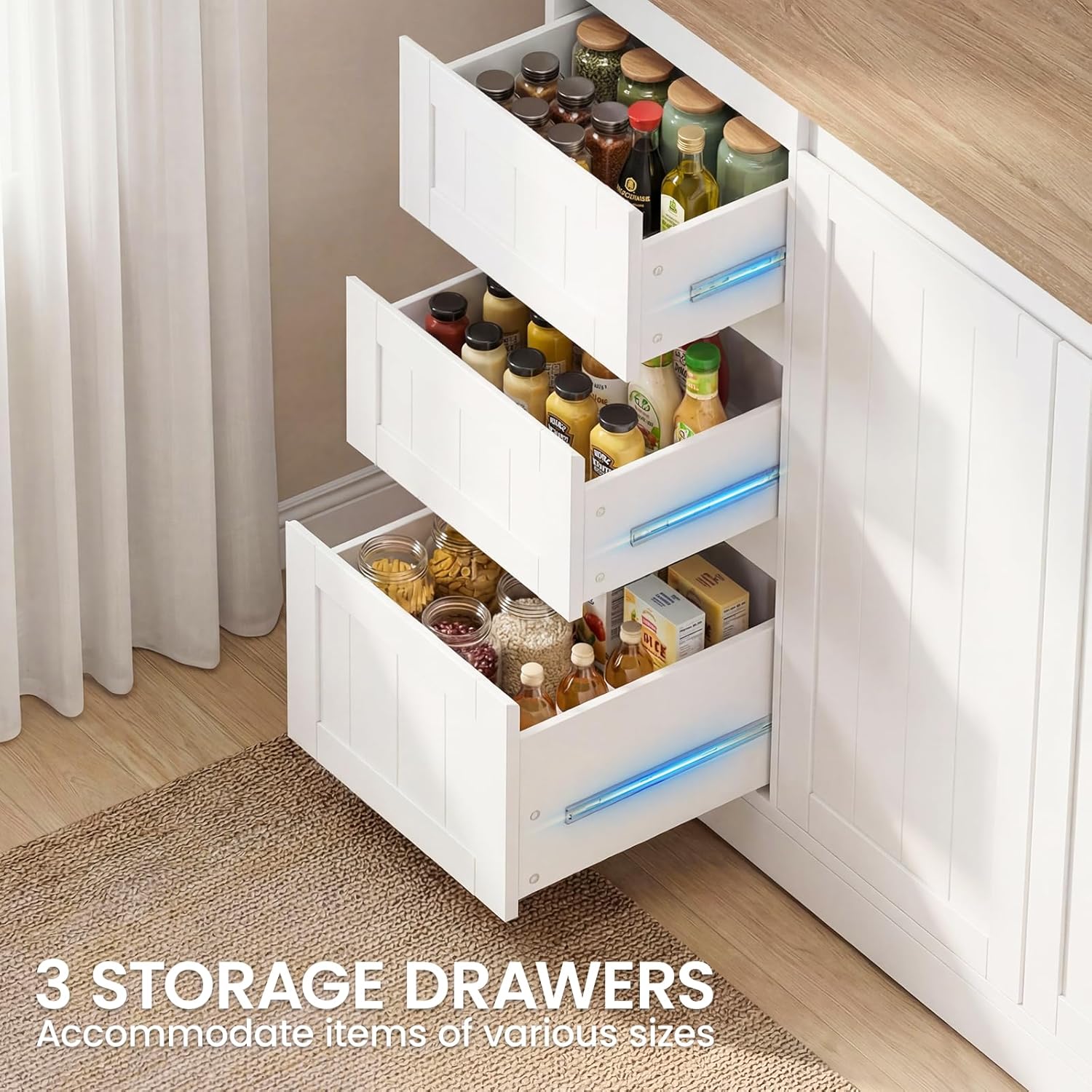 70.8" Tall Kitchen Pantry Cabinet with Adjustable Shelves, Farmhouse Kitchen Hutch with 5 Doors and 3 Drawers, LED Pantry Storage Cabinet with Charging Station for Dining Room, White