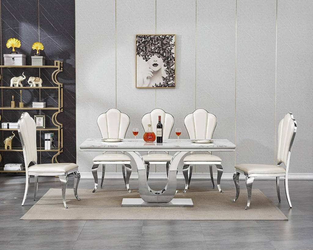 Faux Marble Dining Table for 4 to 6, 68 inch Luxury Dining Room Table with White Faux Marble Top & Silver Stainless Steel U Base, Modern Rectangle Dinner Table for Kitchen Living Dining Room Apartment