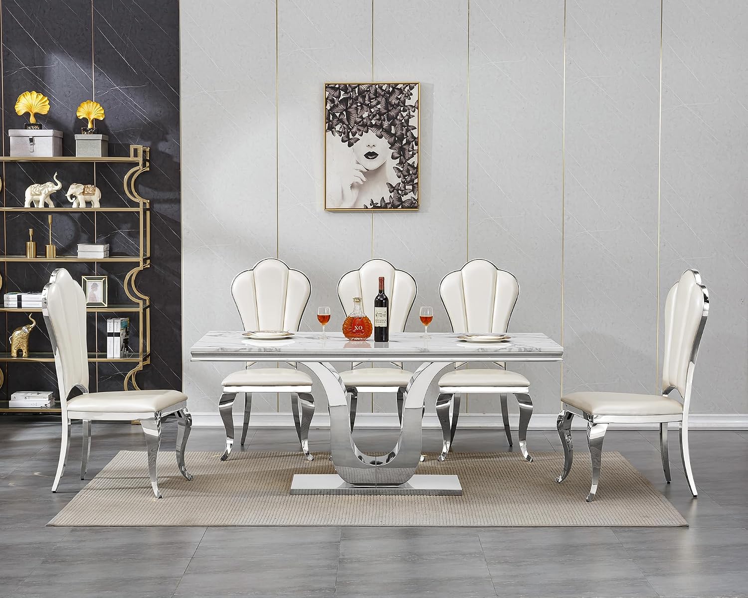 Faux Marble Dining Table for 4 to 6, 68 inch Luxury Dining Room Table with White Faux Marble Top & Silver Stainless Steel U Base, Modern Rectangle Dinner Table for Kitchen Living Dining Room Apartment