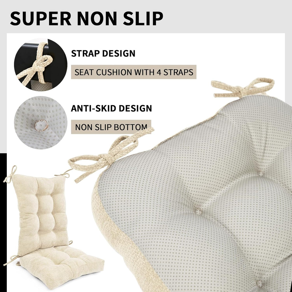 Rocking Chair Cushion for Elderly Sitting, Back Pillow & Seat Cushion with Ties, Luxury Chenille Fabric Non-Slip Chair Pad for Rocker, Beige, 21.6x17x2/ 17x17x3