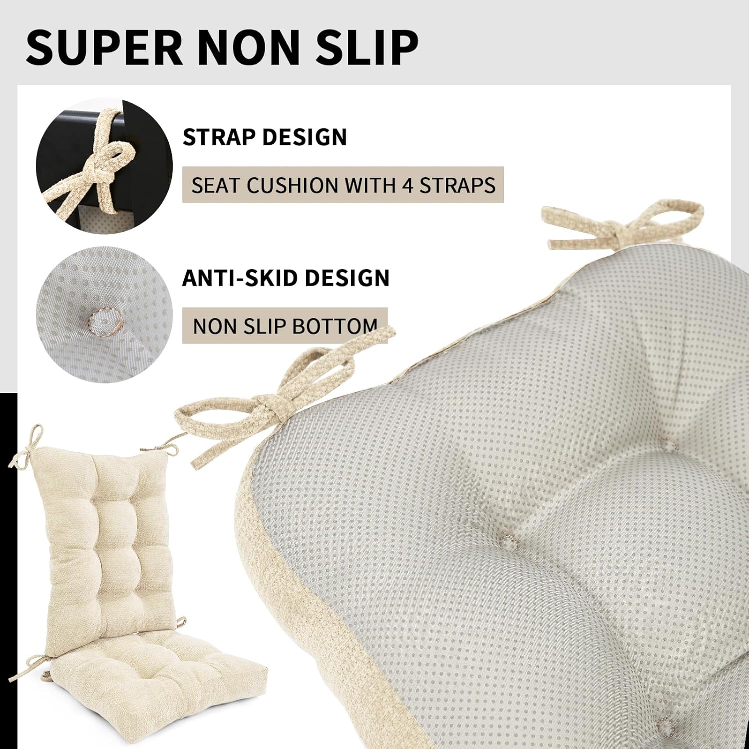 Rocking Chair Cushion for Elderly Sitting, Back Pillow & Seat Cushion with Ties, Luxury Chenille Fabric Non-Slip Chair Pad for Rocker, Beige, 21.6x17x2/ 17x17x3