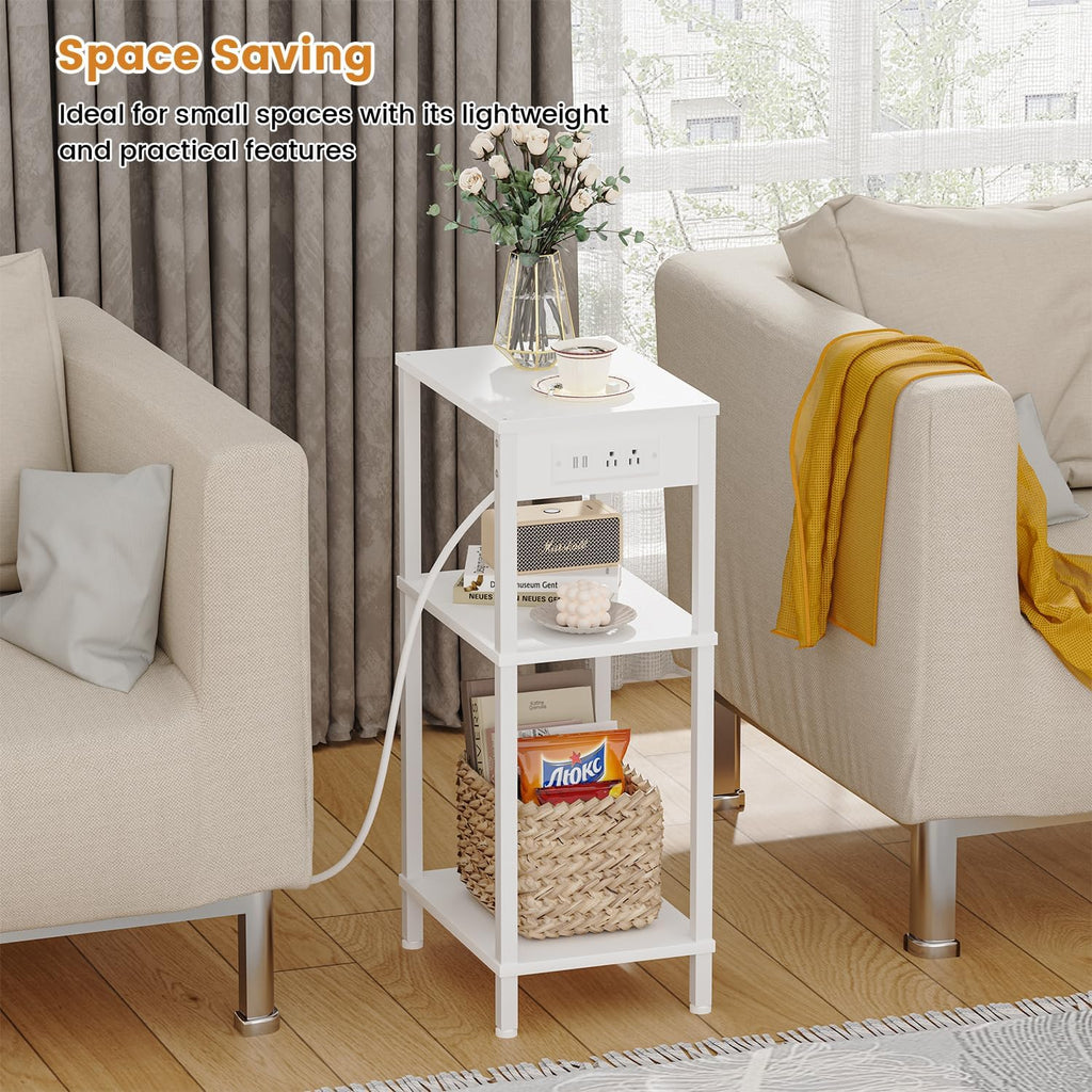 Creso hom Tall End Table with Charging Station and USB Ports, 3 Tier Narrow Tall Bedside Table with Storage, Slim Nightstand with Outlets for Bedroom, Living Room, Nursery, Office, White