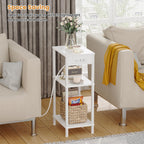 Creso hom Tall End Table with Charging Station and USB Ports, 3 Tier Narrow Tall Bedside Table with Storage, Slim Nightstand with Outlets for Bedroom, Living Room, Nursery, Office, White