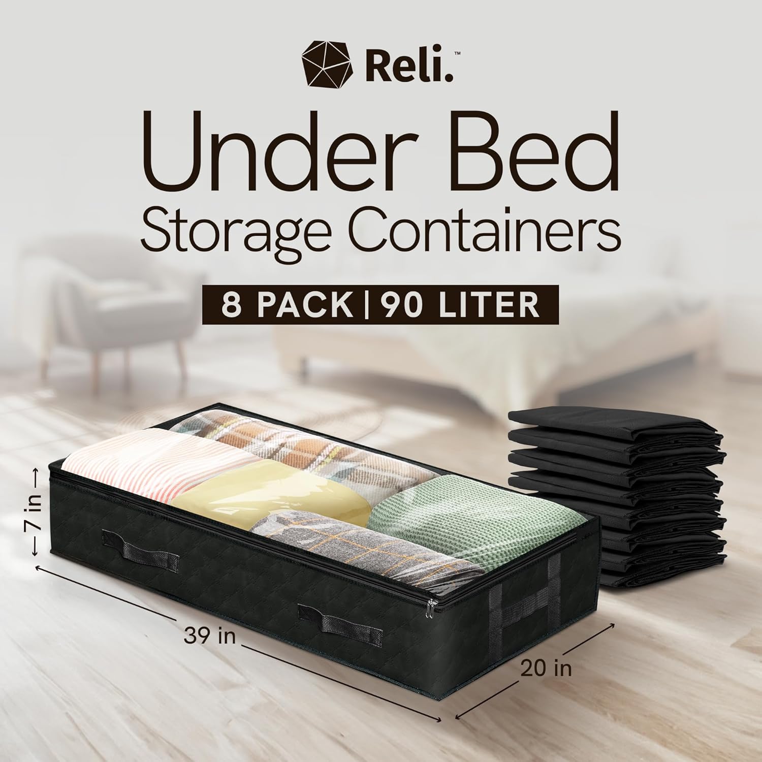 Reli. 90L Under Bed Storage Containers (8 Pack) | Closet Organizer with Clear Window | Underbed Storage Bins for Towels, Sweaters, Linens | Large Organizer for Closet (Black)