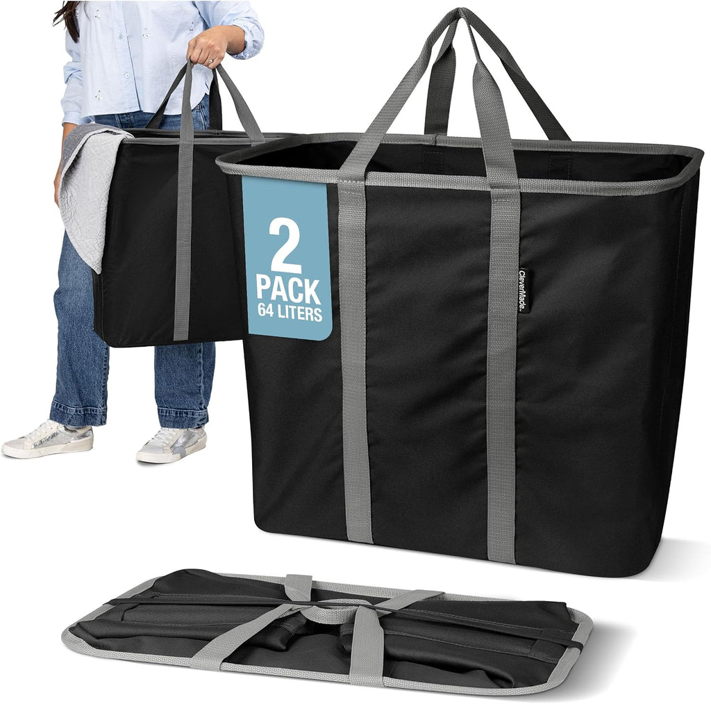 CleverMade Collapsible Laundry Caddy – Foldable Laundry Hamper & Tote, XXL 64L Pop-Up Laundry Basket with Handles, Space-Saving Laundry Organizer for Home, Dorm, Closet & Travel, 2 Pack - Black Gray