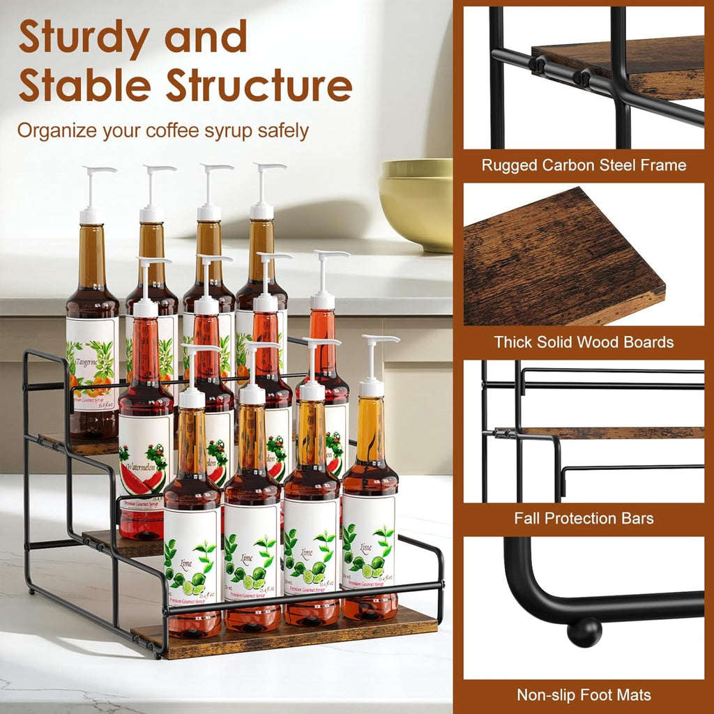Nuovoware 3-Tier 12 Bottles Coffee Syrup Organizer, Separable Metal Rack with Wooden Base Whiskey Wine Dressing for Bar Countertop Kitchen