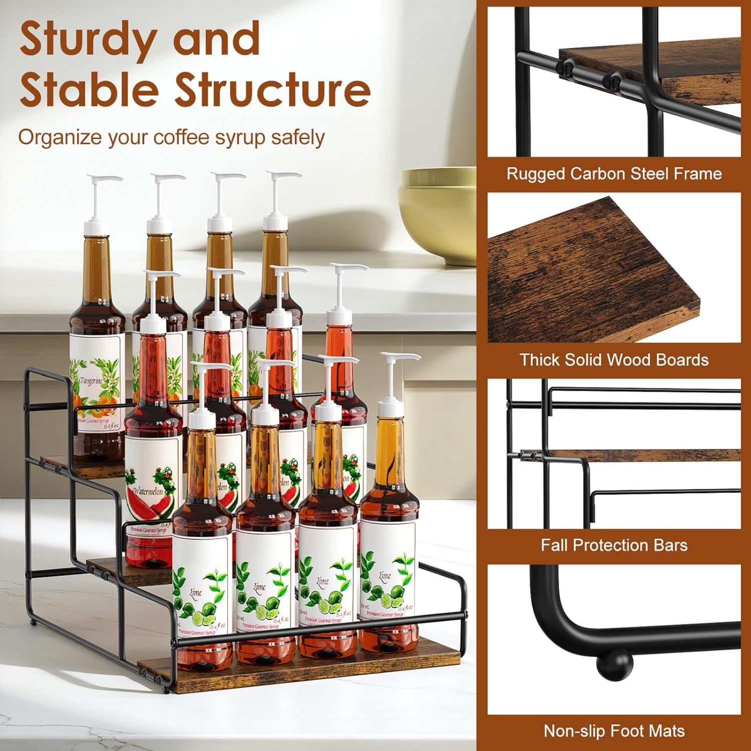 Nuovoware 3-Tier 12 Bottles Coffee Syrup Organizer, Separable Metal Rack with Wooden Base Whiskey Wine Dressing for Bar Countertop Kitchen
