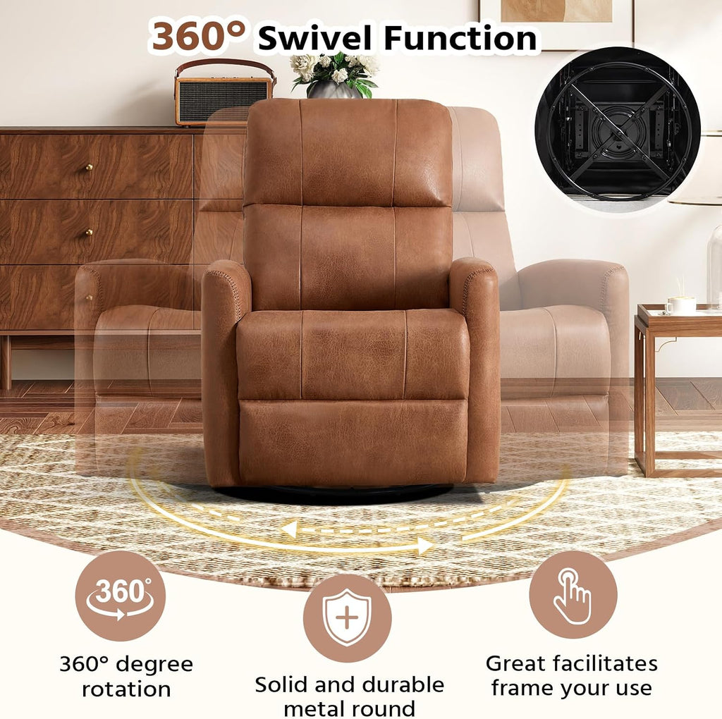 HAOMARKETS Swivel Rocker Recliner Chair, Manual Faux Leather Glider Rocking Recliners for Adults, 360° Swivel Nursery Reclining Sofa with Padded Backrest for Living Room, Dark Brown