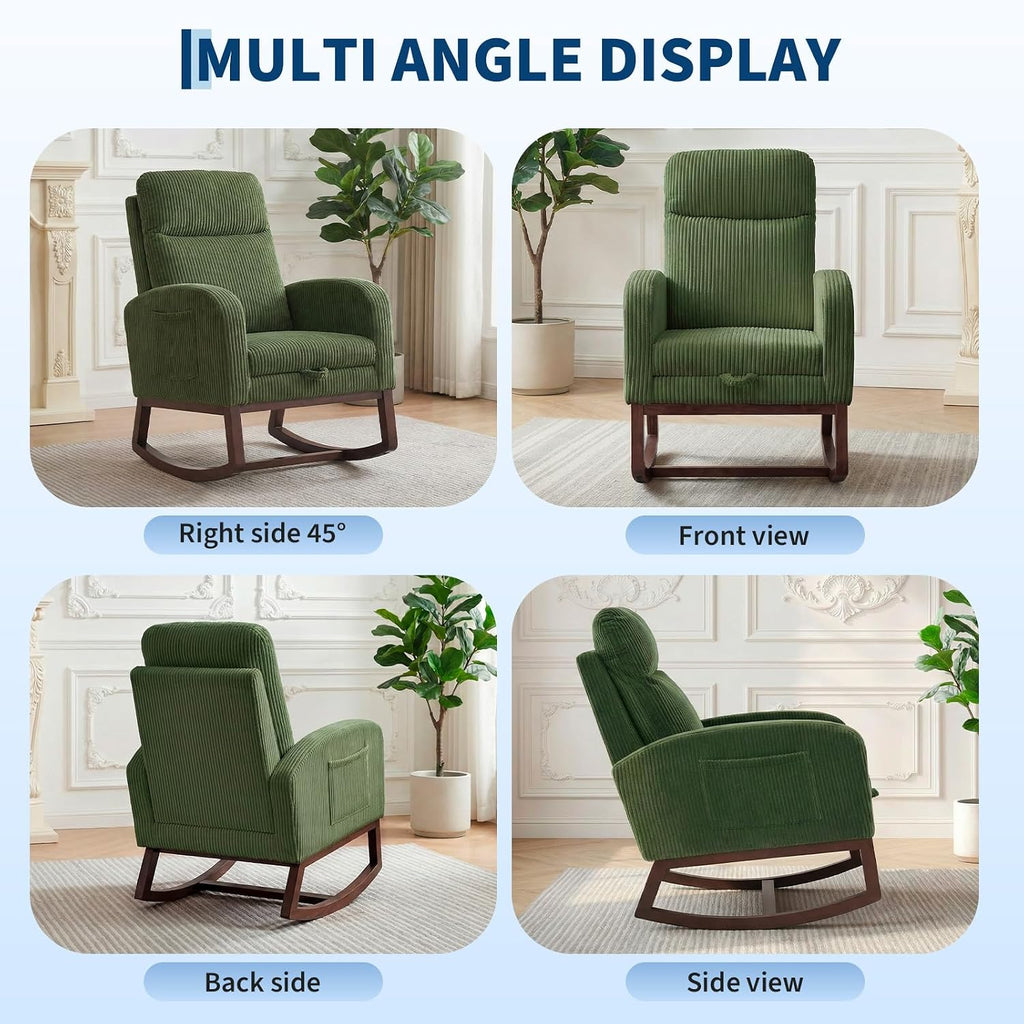 GarveeLife Nursery Rocking Chair,300lb Glider Chair with Solid Wood Legs/Two Side Pockets,Corduroy Upholstered Glider Rocker with Footrest High Backrest for Living Room/Bedroom/Nursery