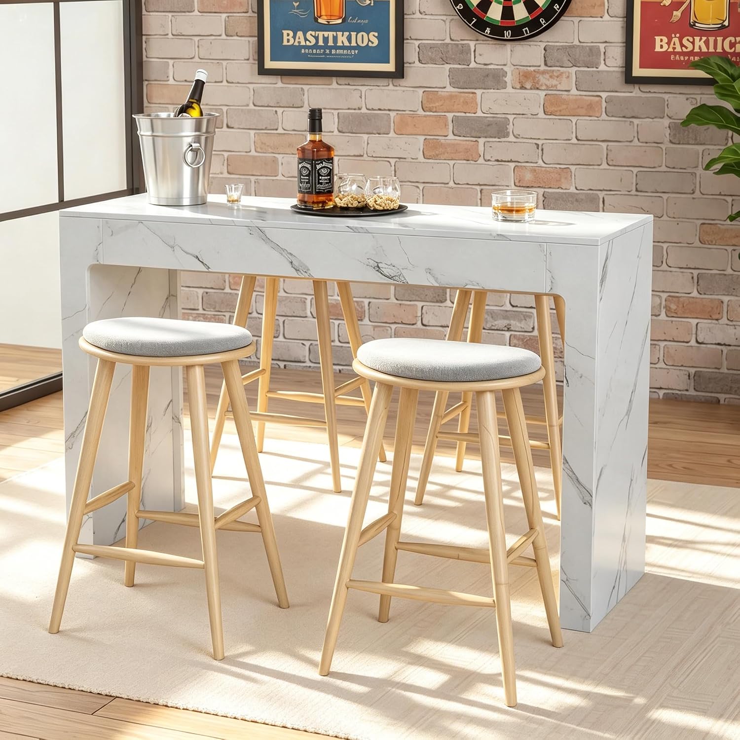 55” Bar Table，Modern Counter Height Pub Table, Long Bar Dining Table with Faux Marble Tabletop，Rectangular Home Bar Unit for 4-6 People, Kitchen, Living Room, Bar, Faux Marble