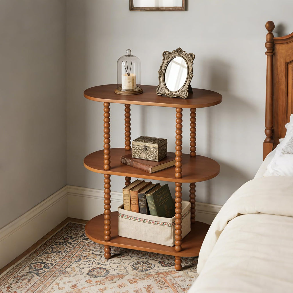 Modern Small Console Table, 3-Tier Oval Narrow Entryway Table with Storage Shelves, Wood Farmhouse Skinny Side Tables for Hallway, Behind Couch, Living Room and Bedroom, Walnut