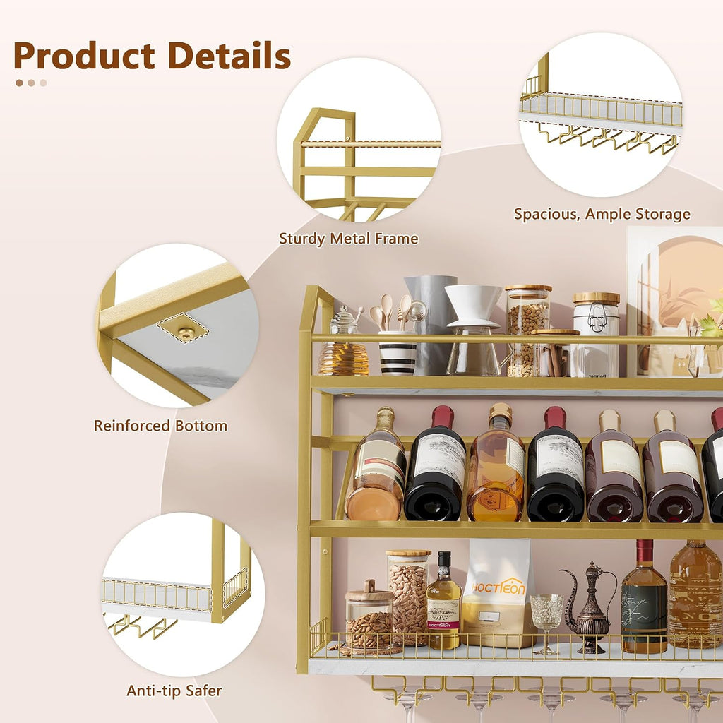 Hoctieon Wall Mount Wine Rack, Wall Mounted Wine Bottle Rack for Display and Storage, Hanging Bottle Holder, for Living Room, Dining Room, Bar, Wine Cellar, Gold&White
