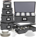 Aokeyee 6-Piece China Storage Containers Set, Hard Shell Moving Boxes for Dishes, Plates, Mugs & Flatware – Dinnerware Organizer with Soft Felt Dividers, Sturdy Handles & Zippers, Grey