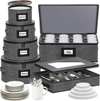 Aokeyee 6-Piece China Storage Containers Set, Hard Shell Moving Boxes for Dishes, Plates, Mugs & Flatware – Dinnerware Organizer with Soft Felt Dividers, Sturdy Handles & Zippers, Grey