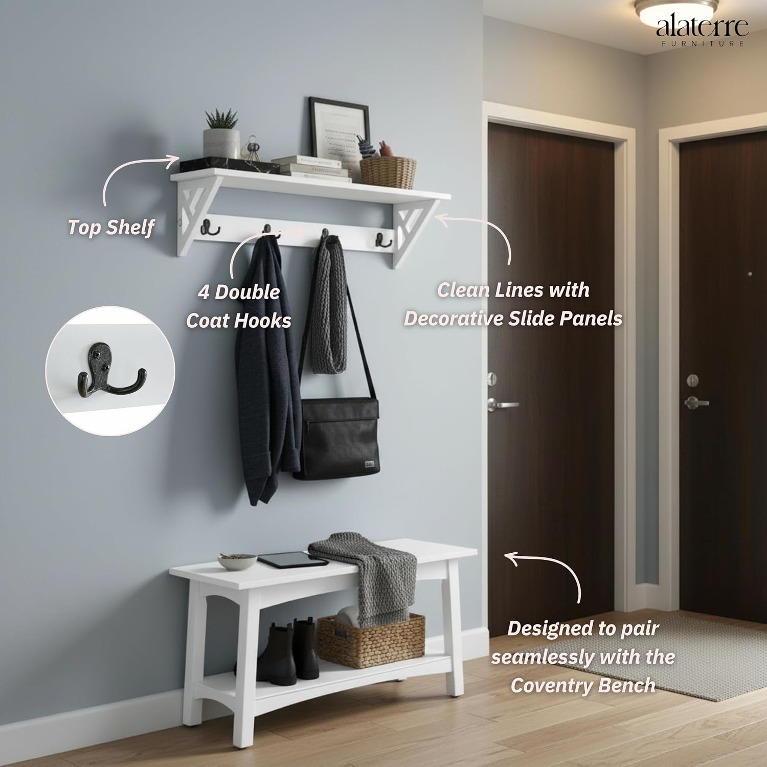 Coventry Wall Mounted Coat Rack with Shelf – Modern 36-Inch Entryway Wall Organizer with 4 Double Hooks – Space-Saving Storage for Apartments, Small Spaces, or Mudroom by Alaterre Furniture (White)