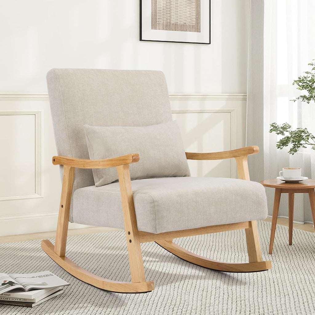 SAETSFEG Rocking Chair for Nursery with Lumbar Pillow, Upholstered Accent Chair with Solid Rubberwood Frame, Living Room & Bedroom, Cozy Reading Chair for Small Spaces, Lightgrey