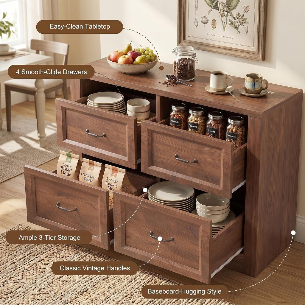 39" Sideboard Buffet Cabinet with 4 Drawers, Storage Credenza with Toe-Kick Design, Modular Cabinet System Expandable for Living Room, Entryway & Kitchen (1, Cracked Oak, 39 Inch)