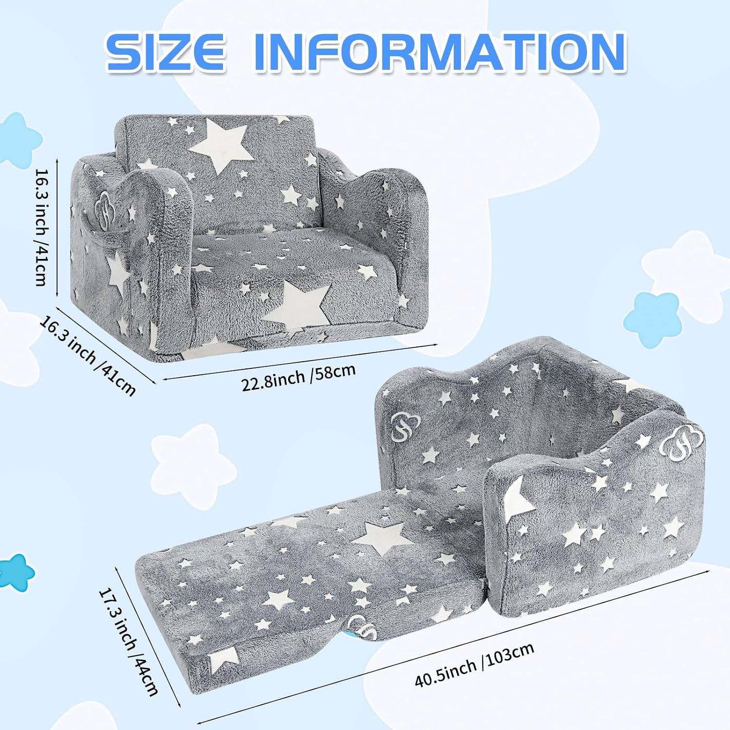 Toddler Couch, Glow in The Dark Kids Couch 2 in 1 Sofa Bed, Convertible Flip Open Toddler Sofa Couch Bed, Kids Sofa for Playroom Bedroom